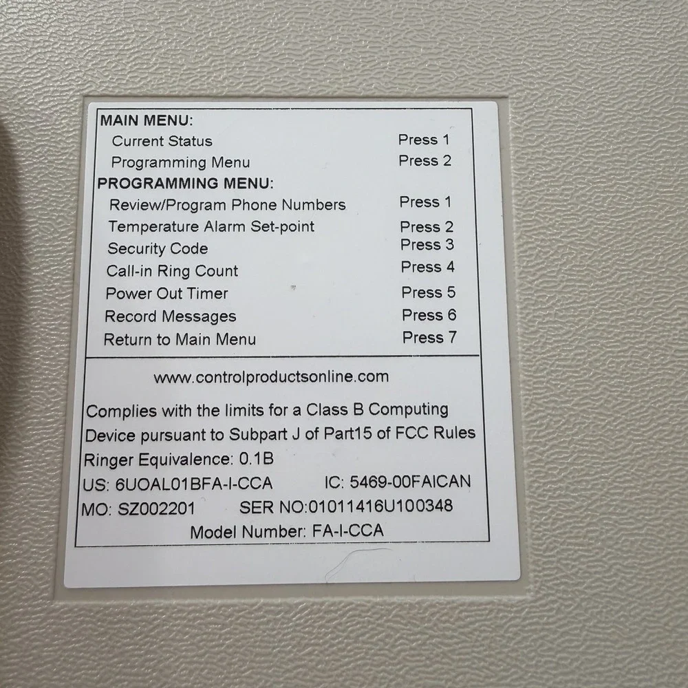 Control Products Freeze Alarm FA-I-CCA with Sensor and AC Adapter